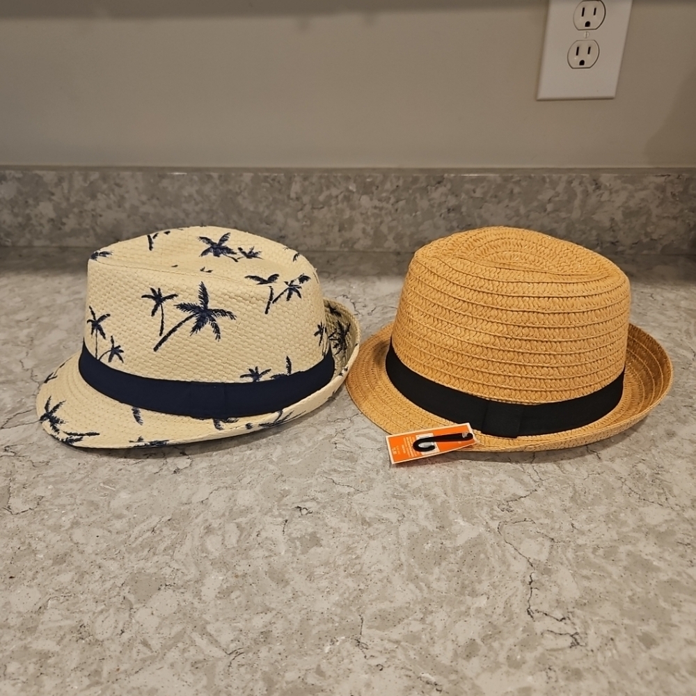 Straw Jazz Hat Straw Beach Hat Navy Palm Trees  Panama Fedora Straw Fedora Set